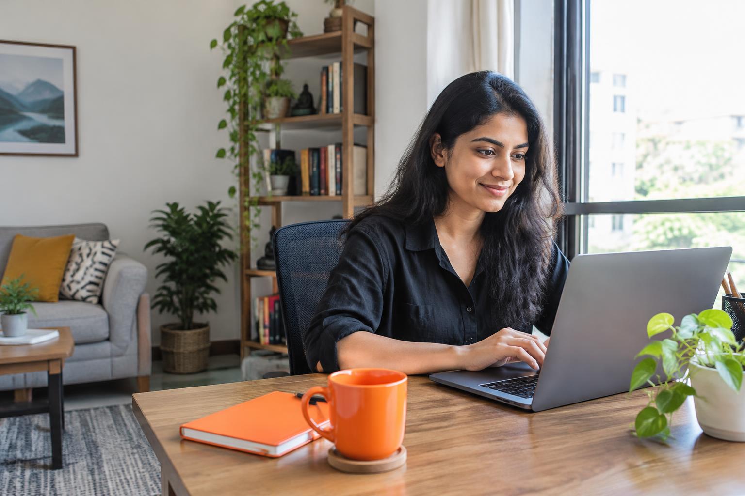 Professional working comfortably from home with a laptop and orange notebook